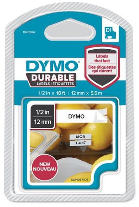 Dymo D1 duurzame tape 12mmx5,5m zwart/wit