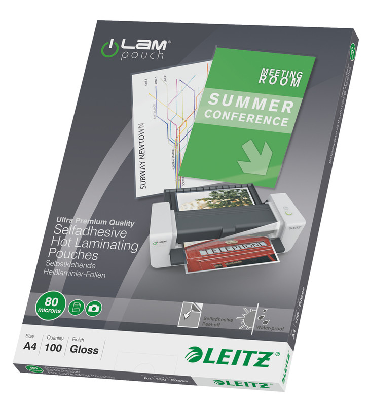 Lamineerhoes Leitz iLam A4 80 micron zelfklevend glanzend (100)