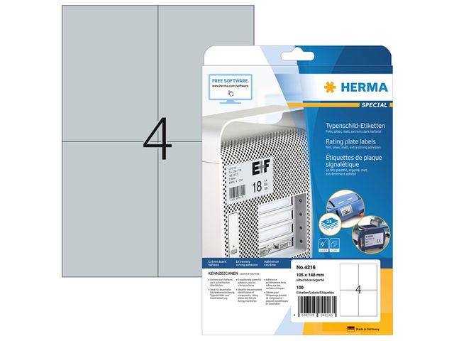 Etiket Herma A4 4 etik/bl. 105x148mm extra sterk weer- en waterbestendig zilver (25)