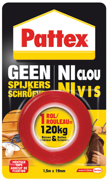 Dubbelzijdige montagetape Pattex 19mm x 1,5m tot 120kg