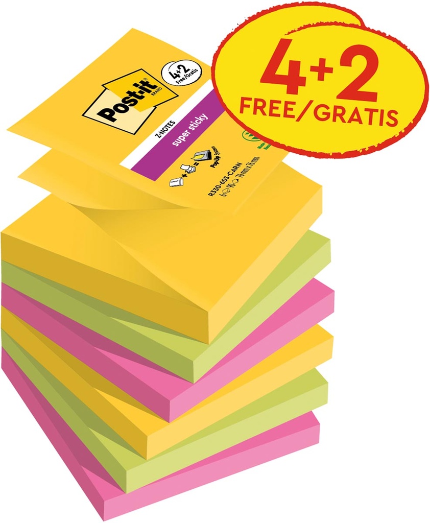 Z-notes Post-it Super Sticky Carnival 76 x 76 mm 90 vel assorti (6)