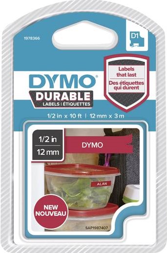 [DYM-1978366] Dymo D1 duurzame tape 12mmx3m (wit/rood)