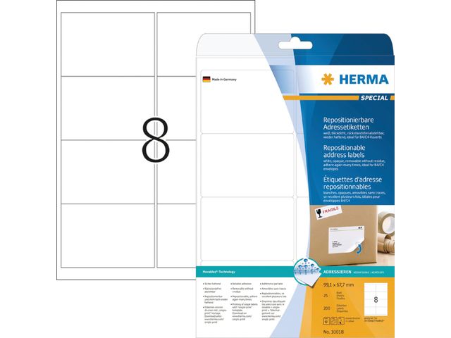 Etiket Herma 8etik/bl 99.1x67.7mm wit afneembaar 25bl/doos