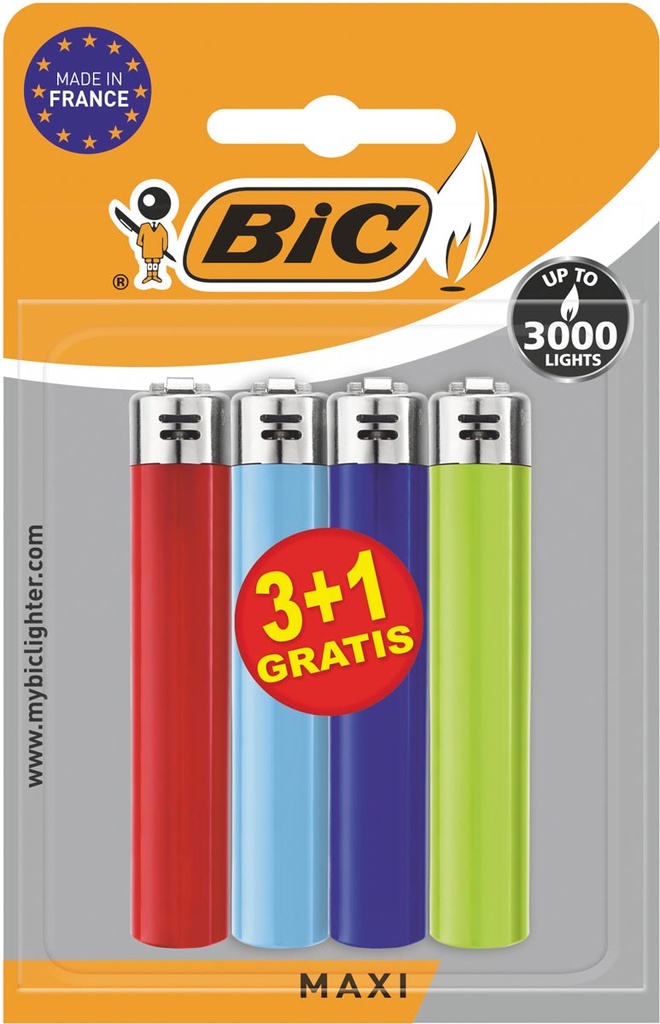 Aanstekers vuursteen BIC Maxi assorti 3+1 gratis