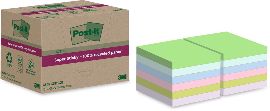 Memoblok Post-it Super Sticky Notes Recycled 76x76mm 70vel assorti (12)