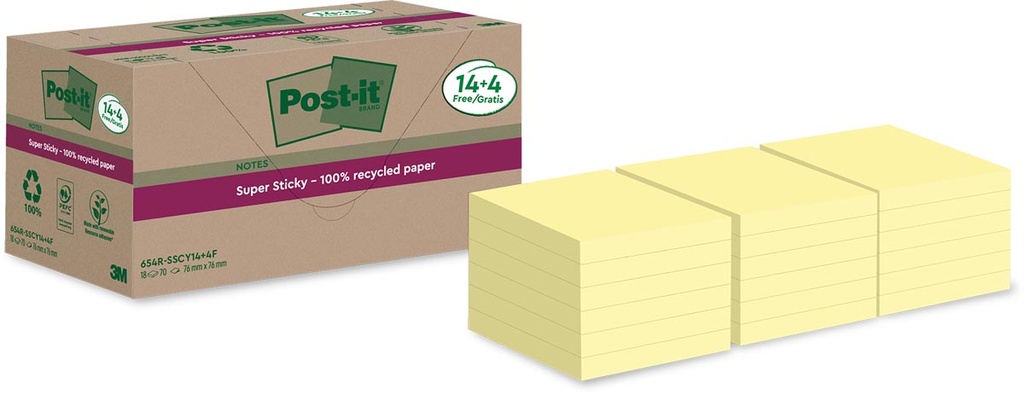 Memoblok Post-it Super Sticky Notes Recycled 76x76mm 70vel geel 14+4gratis (18)