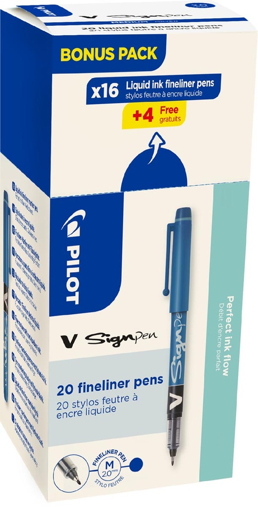 Pen Pilot fineliner V-Sign medium punt 0,6mm blauw 16+4 stuks