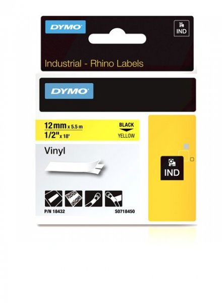 Dymo Rhino tape vinyl 12mmx5,5m zwart/geel (18432)