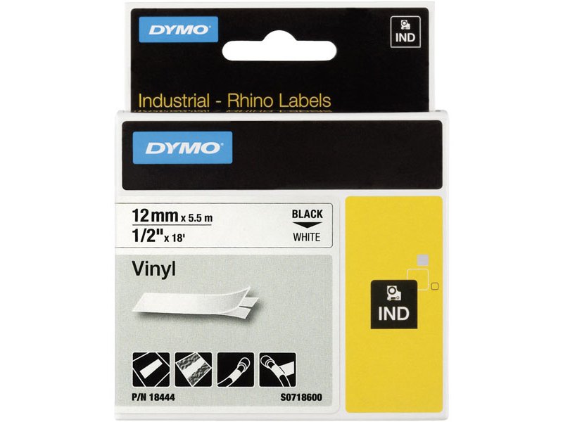 Dymo Rhino tape vinyl 12mmx5,5m zwart/wit (18444)