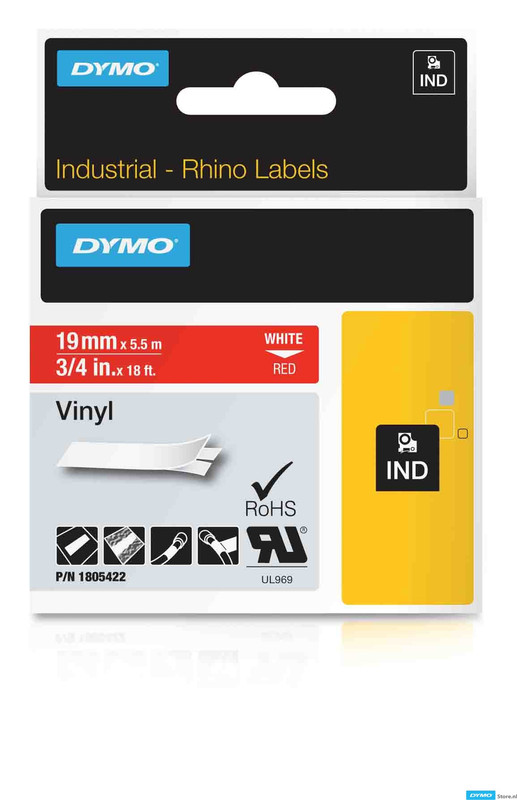 Dymo Rhino tape vinyl 19mmx5,5m wit/rood (1805422)