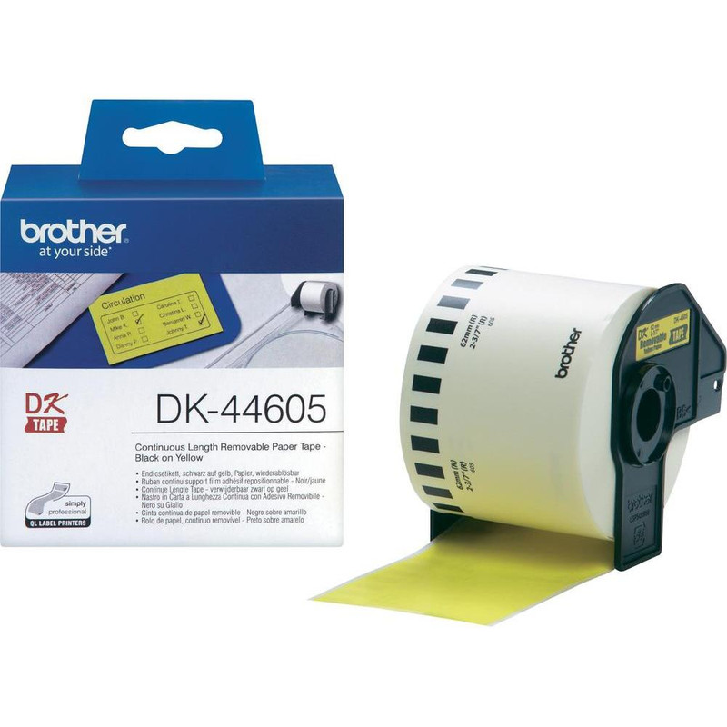 Label Brother DK-44605 62mmx30,48m papier zwart op geel afneembaar