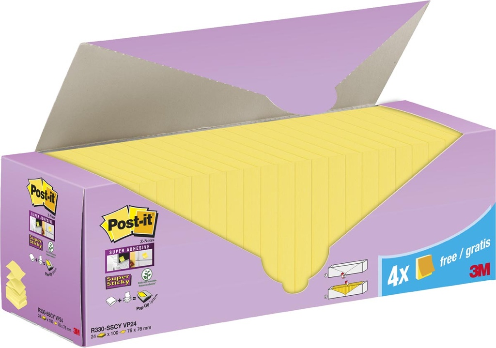 Memoblok Post-it Super Sticky Z-notes 76x76mm 90vel geel 20+4 gratis (24)