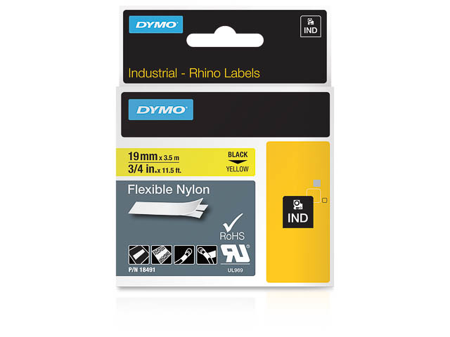 Dymo Rhino tape flex nylon 19mmx3,5m zwart/geel (18491)