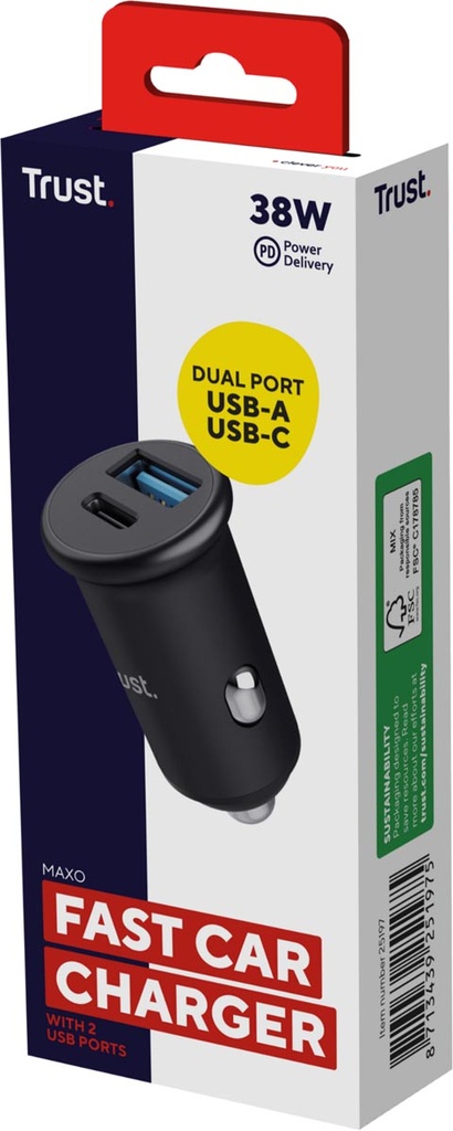 Snelle autolader Trust Maxo 38W 1xUSB-A en 1xUSB-C zwart