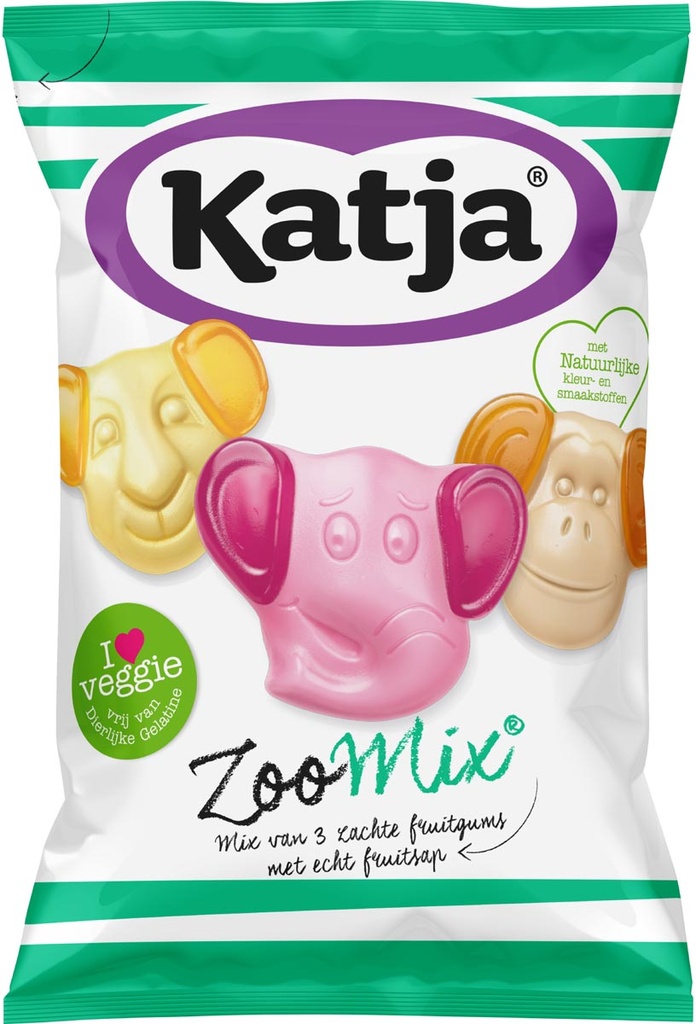 Snoep Katja Zoo Mix mix van 3 zachte fruitgums met echt fruitsap zak 255g