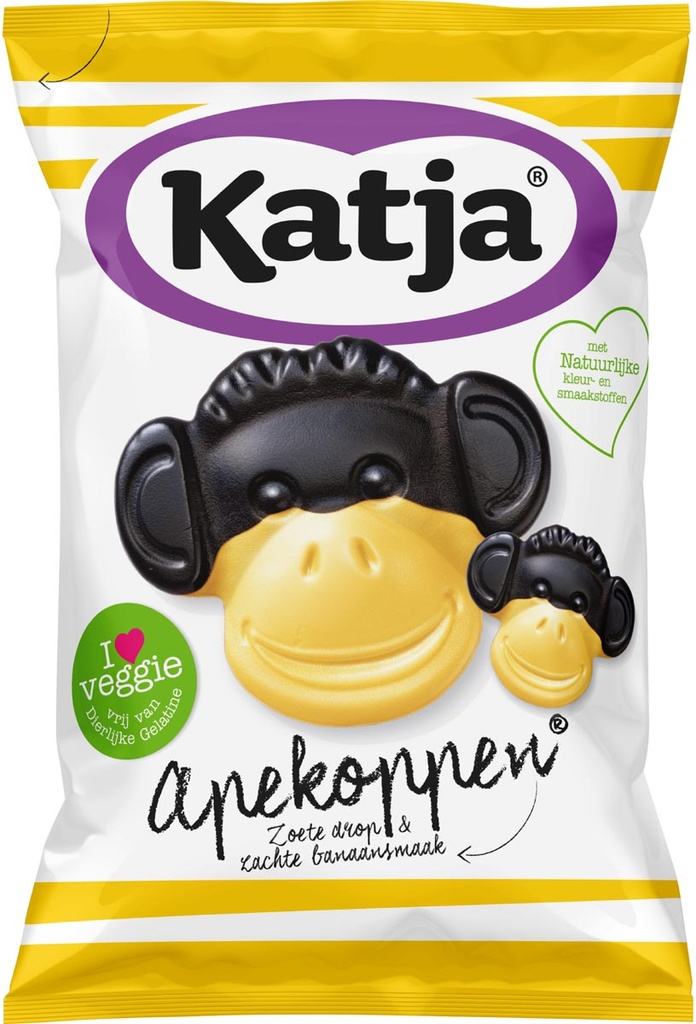 Snoep drop Katja Apekoppen zoete drop en banaansmaak zak 255g