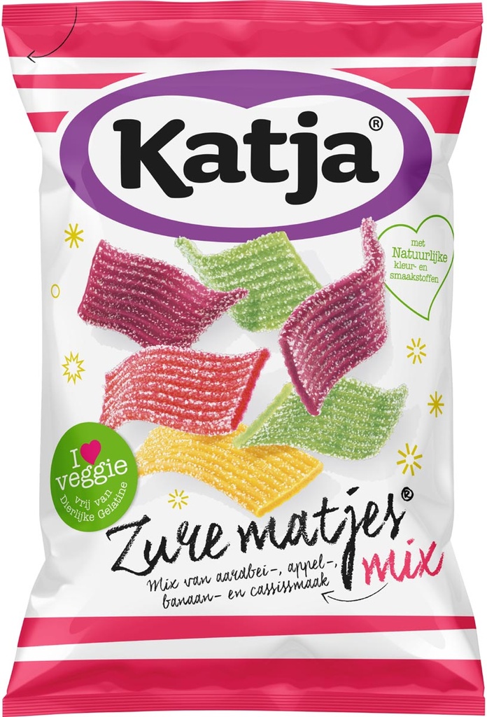 Snoep Katja Zure Matjes mix van aardbei-, appel-, banaan- en cassissmaak zak 250g