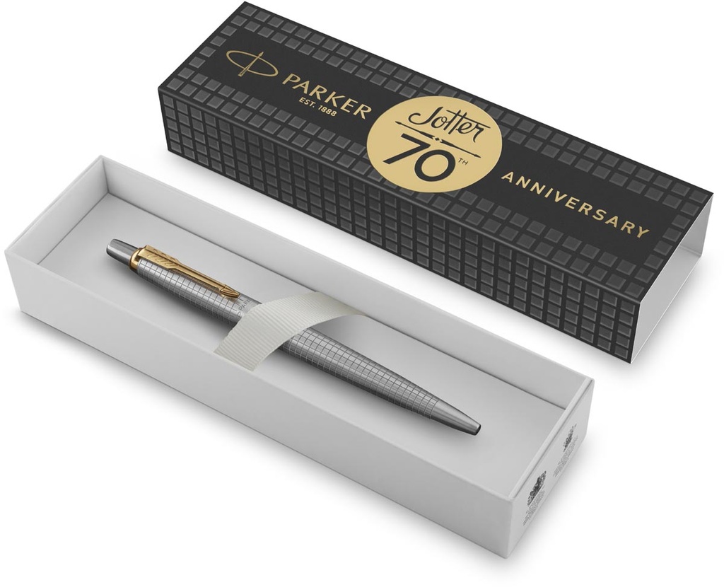 Balpen Parker Jotter special edition 70th Anniversary stainless steel CT blauwe inkt medium punt 1mm in giftbox gouden detail