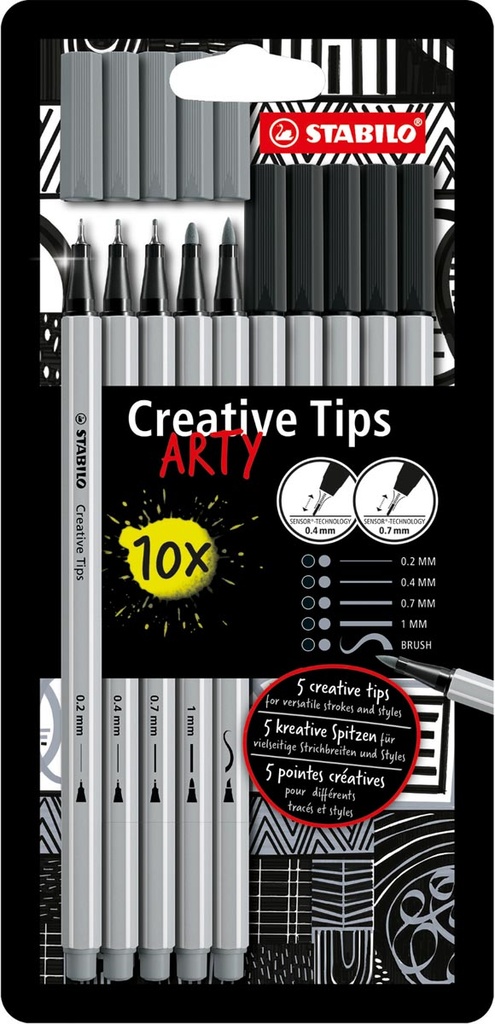 Viltstift Stabilo Creative Tips ARTY geassorteerde punten grijs of zwart (10)