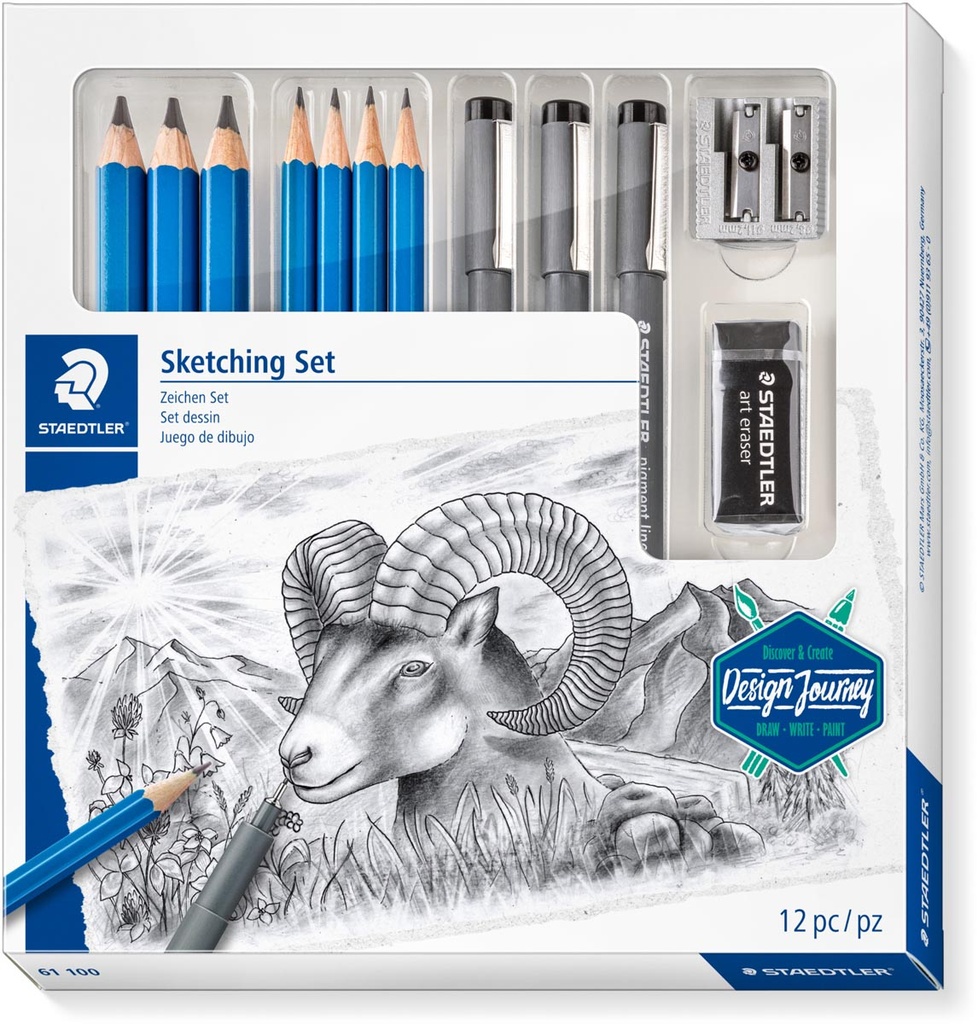 Schetsset Staedtler potloden fineliners gum slijper (12)