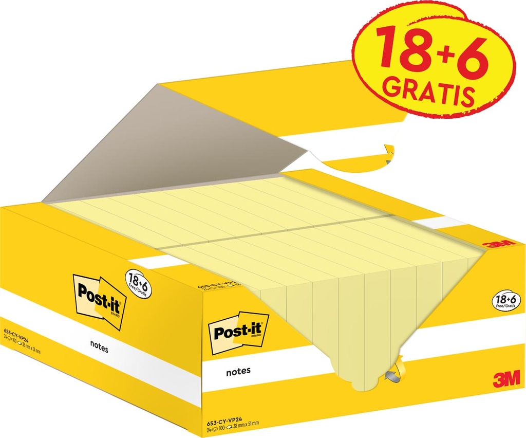 Memoblok Post-it Notes 38x51mm 100vel geel 18+6gratis (24)