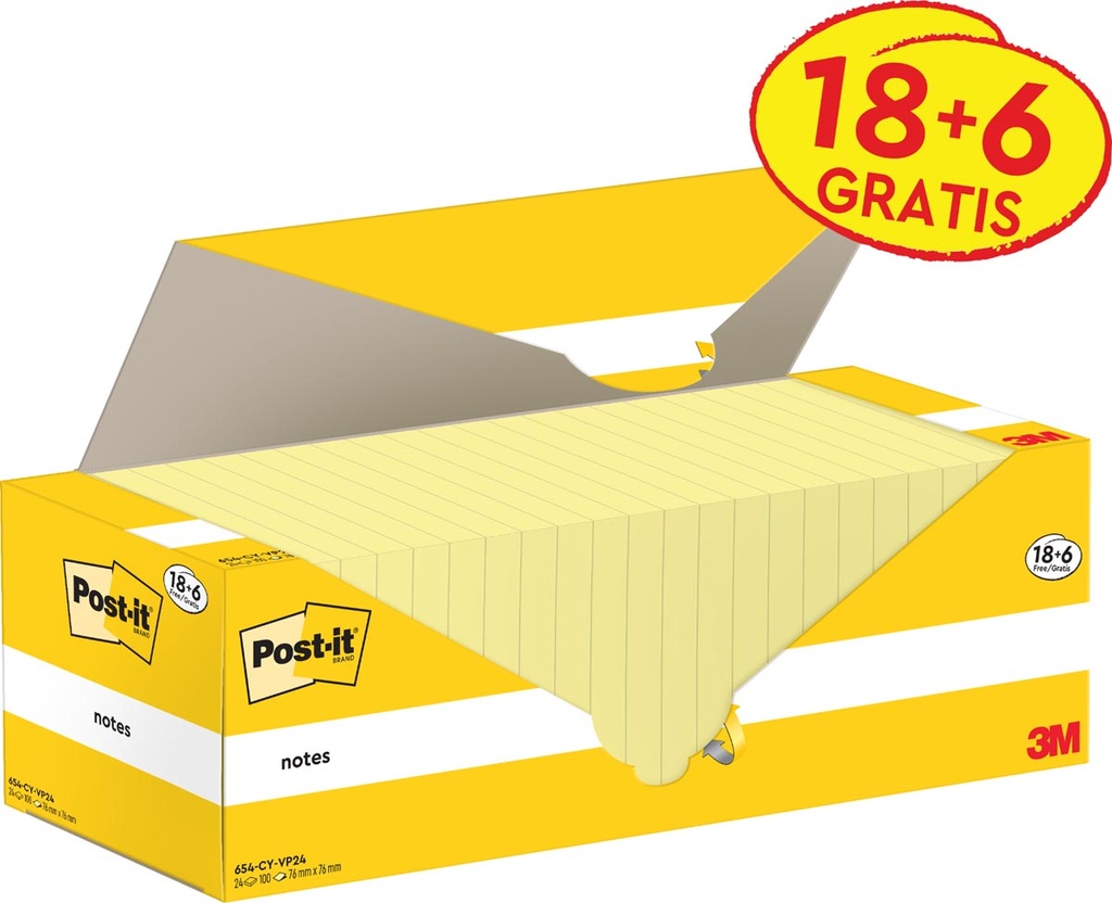 Memoblok Post-it Notes 76x76mm 100vel geel 18+6gratis (24)