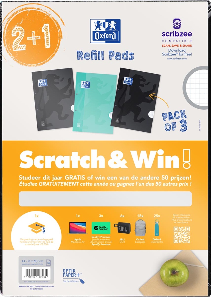 Cursusblok Oxford School A4 geruit 5mm 100vel assorti ACTIE Scratch&Win en 2+1gratis 