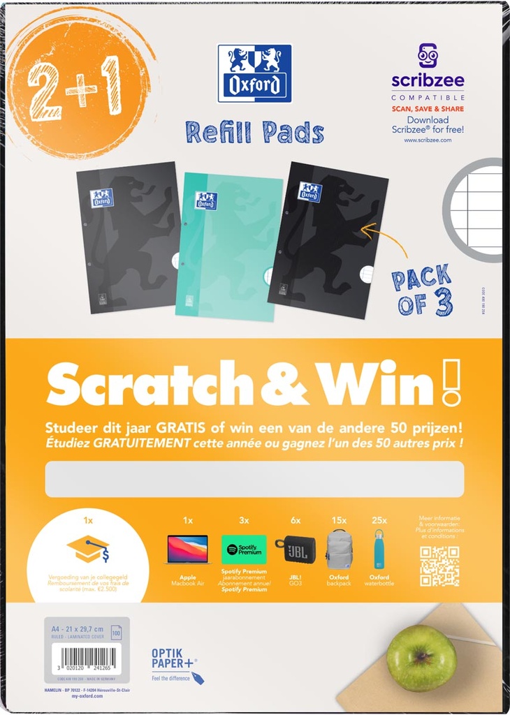 Cursusblok Oxford School A4 gelijnd 100vel assorti ACTIE Scratch&Win en 2+1gratis 