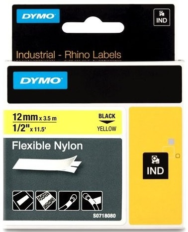 Dymo Rhino tape flex nylon 12mmx3,5m zwart/geel (18756)