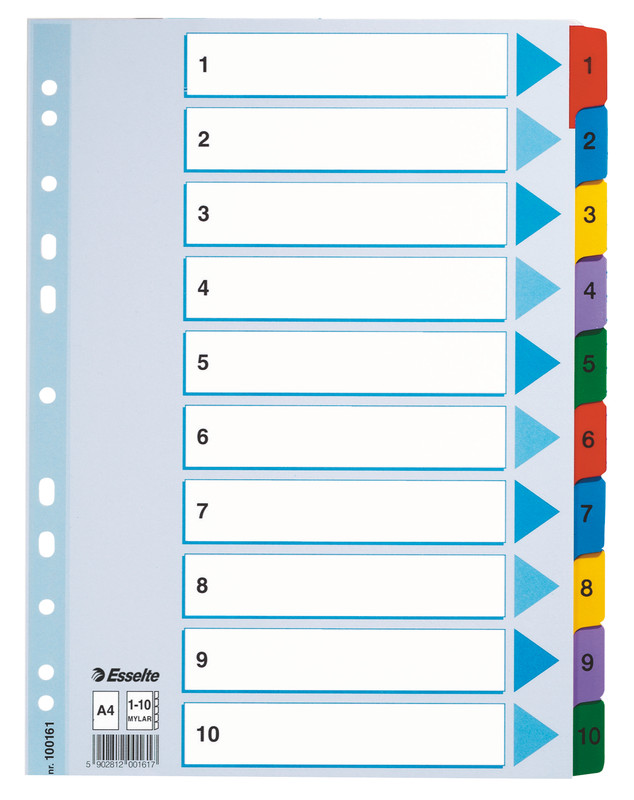 Tabbladen Esselte luxe mylar A4 160g 1-10 11-gaats assorti