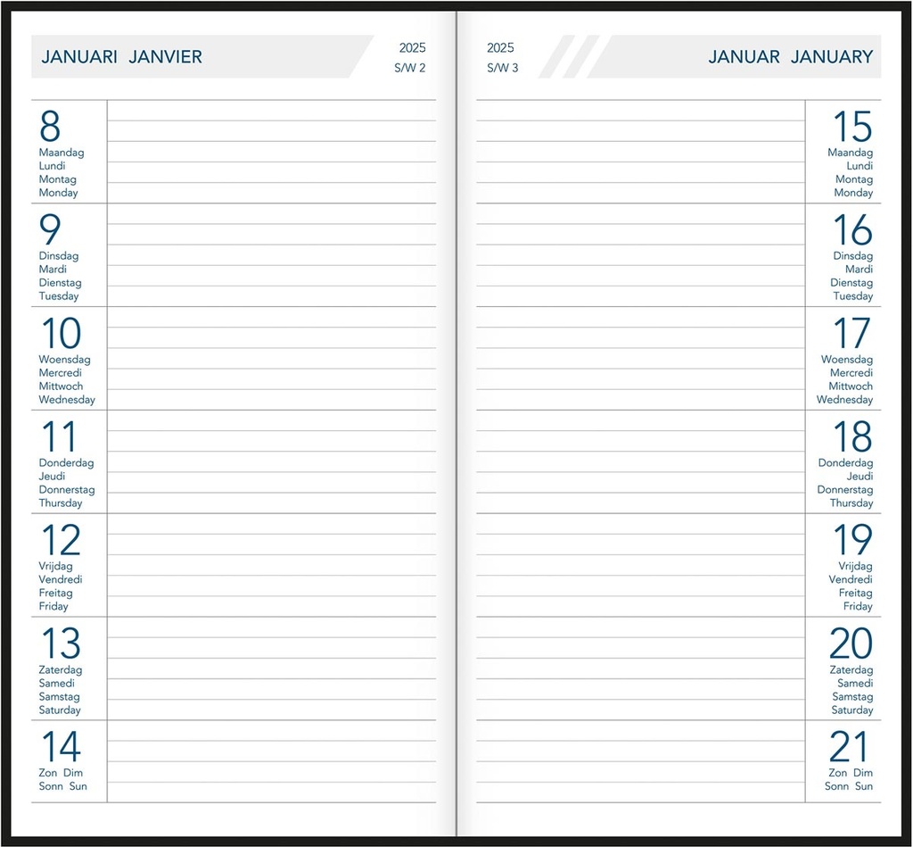 Zakagenda Aurora Timeplan 90x165mm viertalig assorti 2025 1 week/pagina