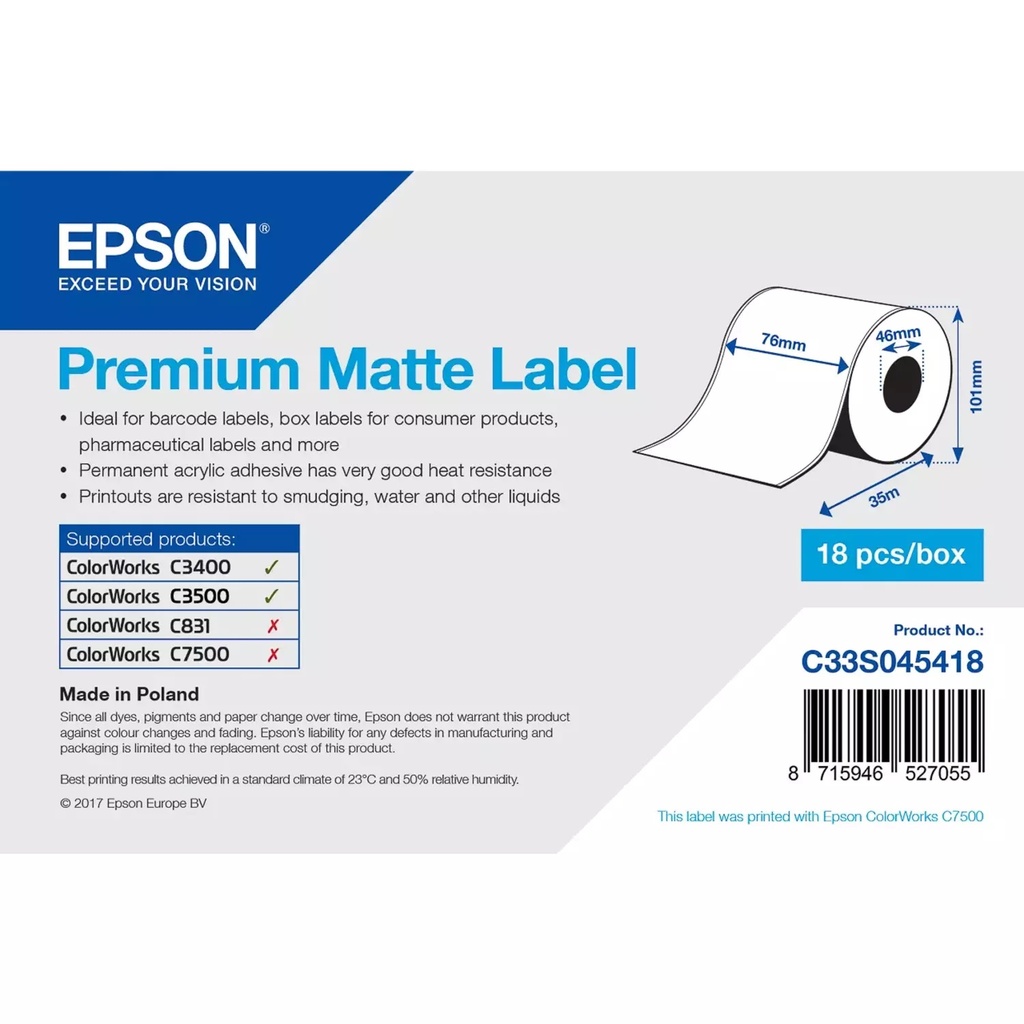 Etiket op rol Epson C33S045418 76mm 33meter wit mat permanent