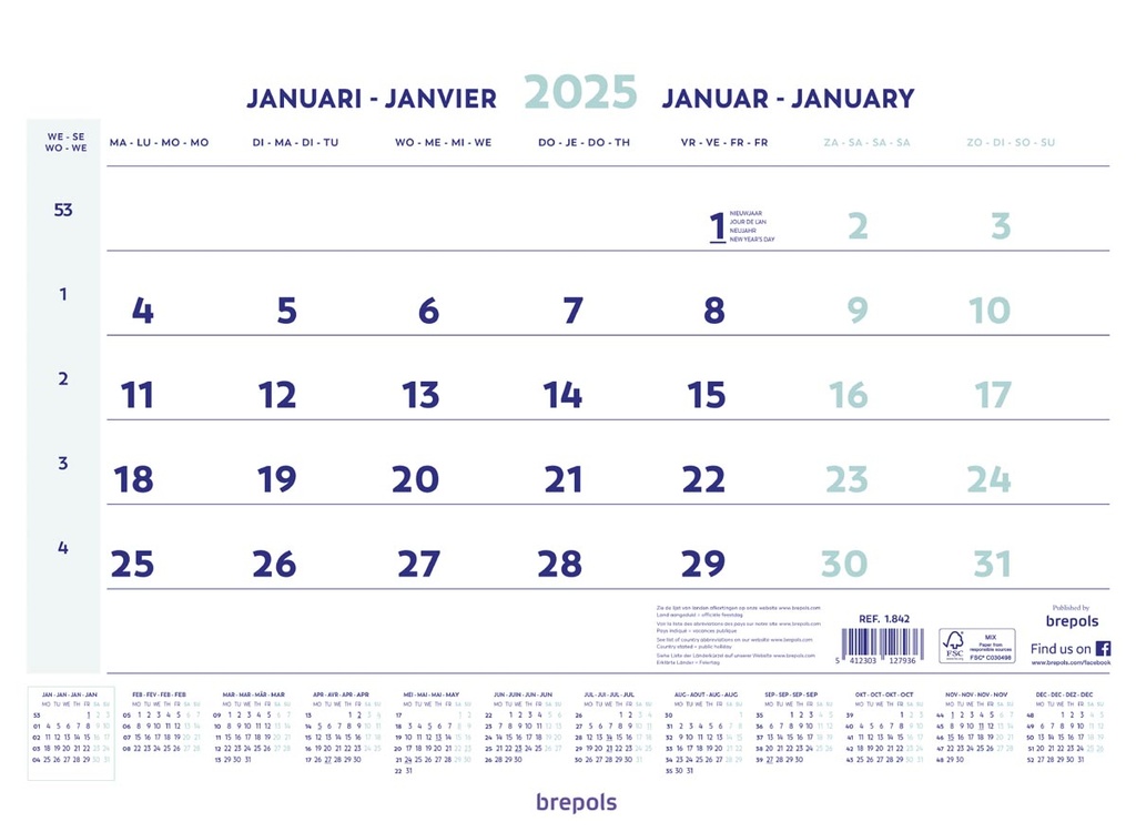 Maandkalender Brepols 430x315mm 2025