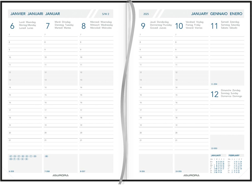 Agenda Aurora Universe 34 Florence 145x210mm zestalig zwart 2025 1 week/2 pagina's