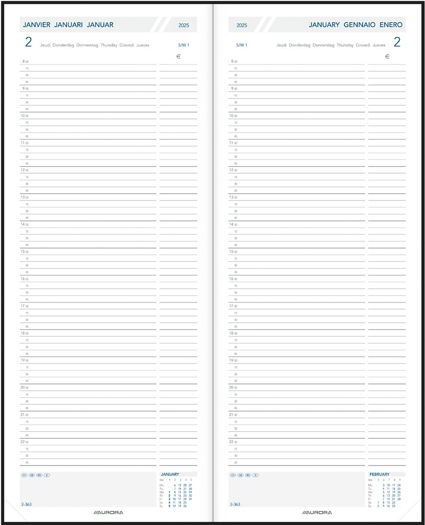 Agenda Aurora Longo LA411 Linnen 140x340mm zestalig zwart 2025 1 dag/2 pagina's