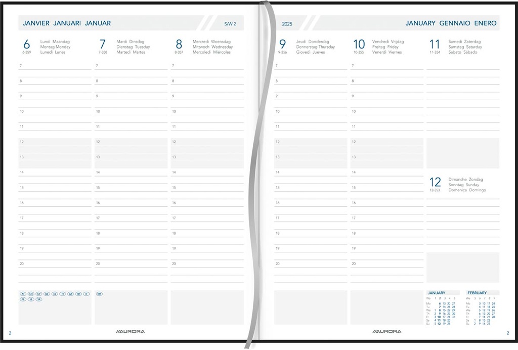 Agenda Aurora Business 29 Florence 175x225mm zestalig zwart 2025 1 week/2 pagina's