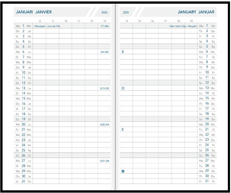 Zakagenda Aurora Oraplan 19 Seta 105x165mm viertalig assorti 2025 1 maand/2 pagina's