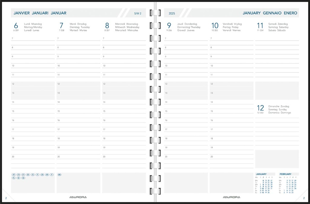 Agenda Aurora Business 29P Alaska 175x225mm zestalig assorti 2025 1 week/2 pagina's