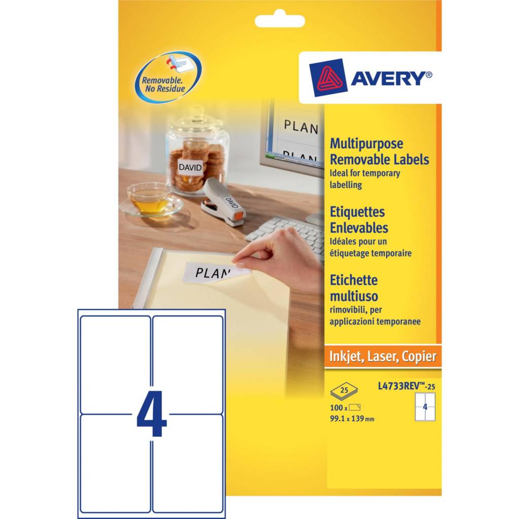 Etiket Avery Removable 04 etik/bl 99,1x139mm voor inkjet, copier en laser wit (25)