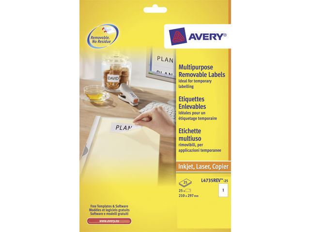 Etiket Avery Removable 01 etik/bl 210x297mm voor inkjet, copier en laser wit (25)