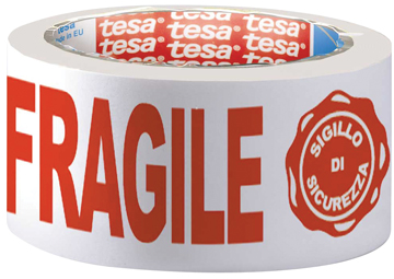 Verpakkingstape Tesa 'Fragile' 50mm x 66m wit/rood