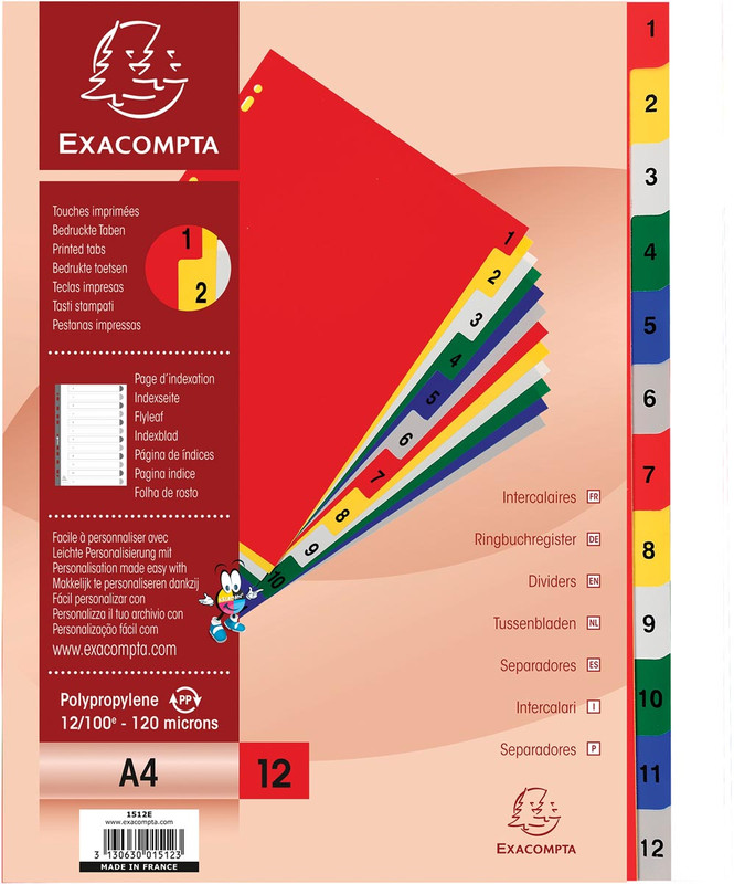 Tabbladen Exacompta PP A4 1-12 11-gaats assorti