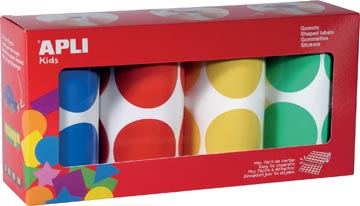 Stickers Apli Kids op rol XL cirkels Ø45mm 4 rollen in 4 veschillende kleuren