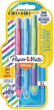 Balpen Paper Mate Inkjoy Quatro 4-kleuren medium 1,0mm assorti fashion blister 2+1 gratis