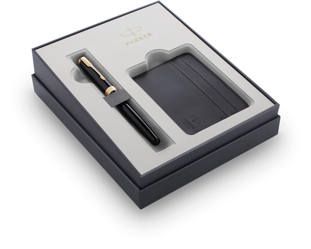 Giftbox Parker Sonnet vulpen medium GT zwart met kaarthouder