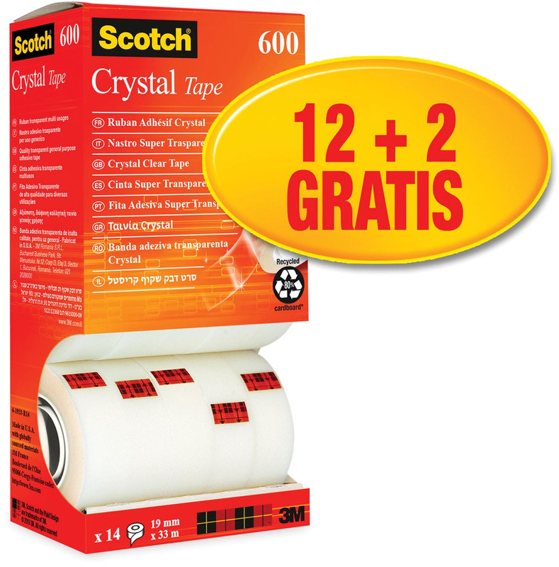 Plakband Scotch Crystal Tape 19mm x 33m 12+2 gratis voor kleine afroller