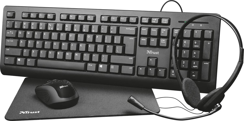 Set Trust Primo 4-in-1 Home Office met headset, toetsenbord (QWERTY), muis en muismat