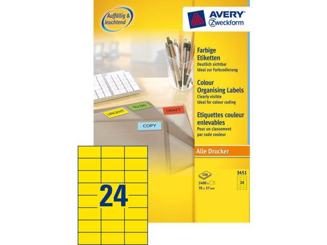 Etiket Avery 24 etik/bl 70x37mm geel (100)