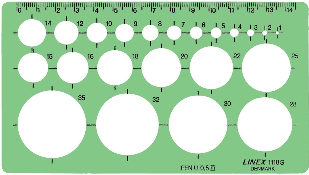 Cirkelsjabloon Linex 1-35mm met met 22 cirkels en uitlijnmarkering