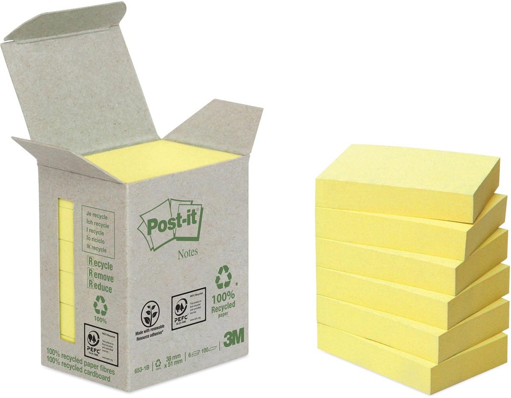 Memoblok Post-It Recycled 38x51mm 100vel geel (6)